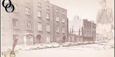Clădiri vechi din Dublin în stil georgian, ilustrație alb-negru vintage pentru recenzia cărții Portret al artistului la tinerețe de James Joyce.